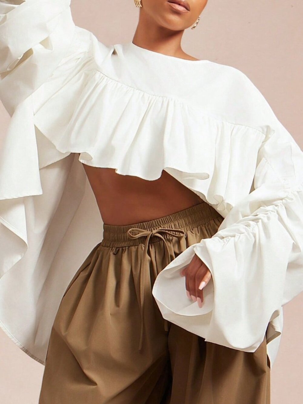 White Casual Women's Woven Ruched Hem Ruffle Top